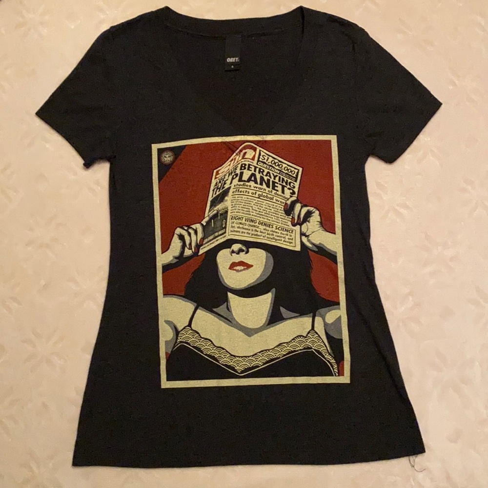 Black printed small T-shirt with daily news print
